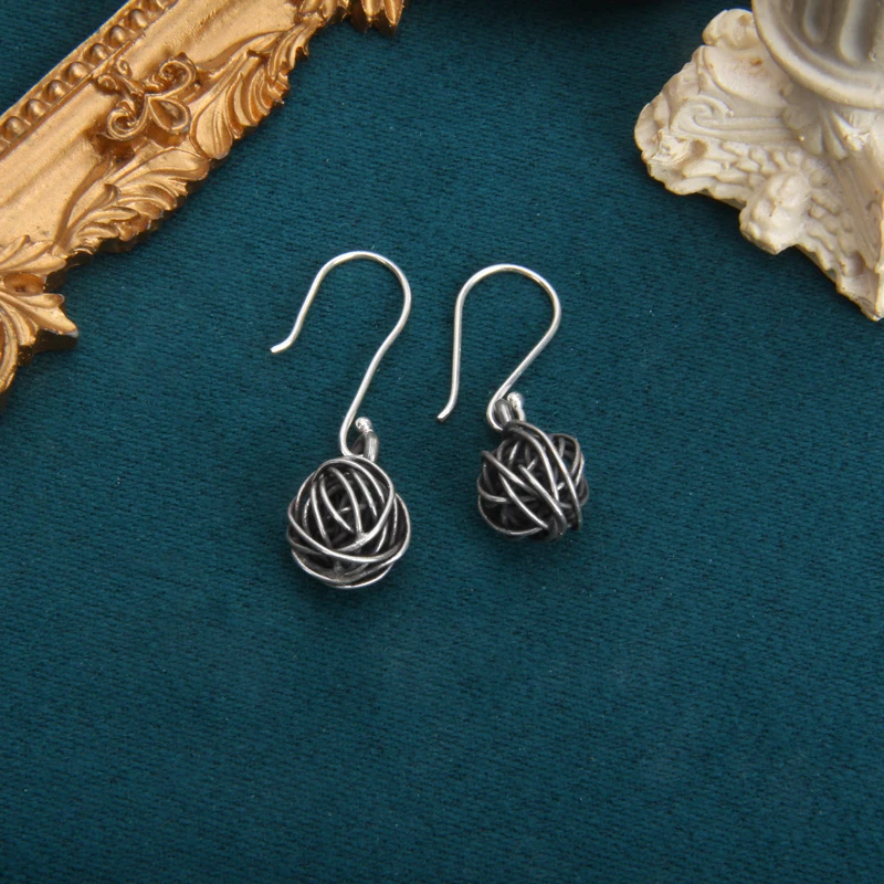 925银耳饰 s925纯银复古做旧镂空毛球耳环时尚民族风个性气质耳饰