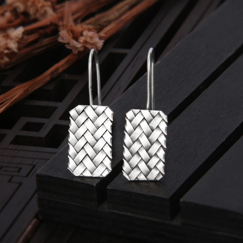 925银耳饰 长方形民族风耳环泰国清迈手工工艺品银耳饰编织菱格纹