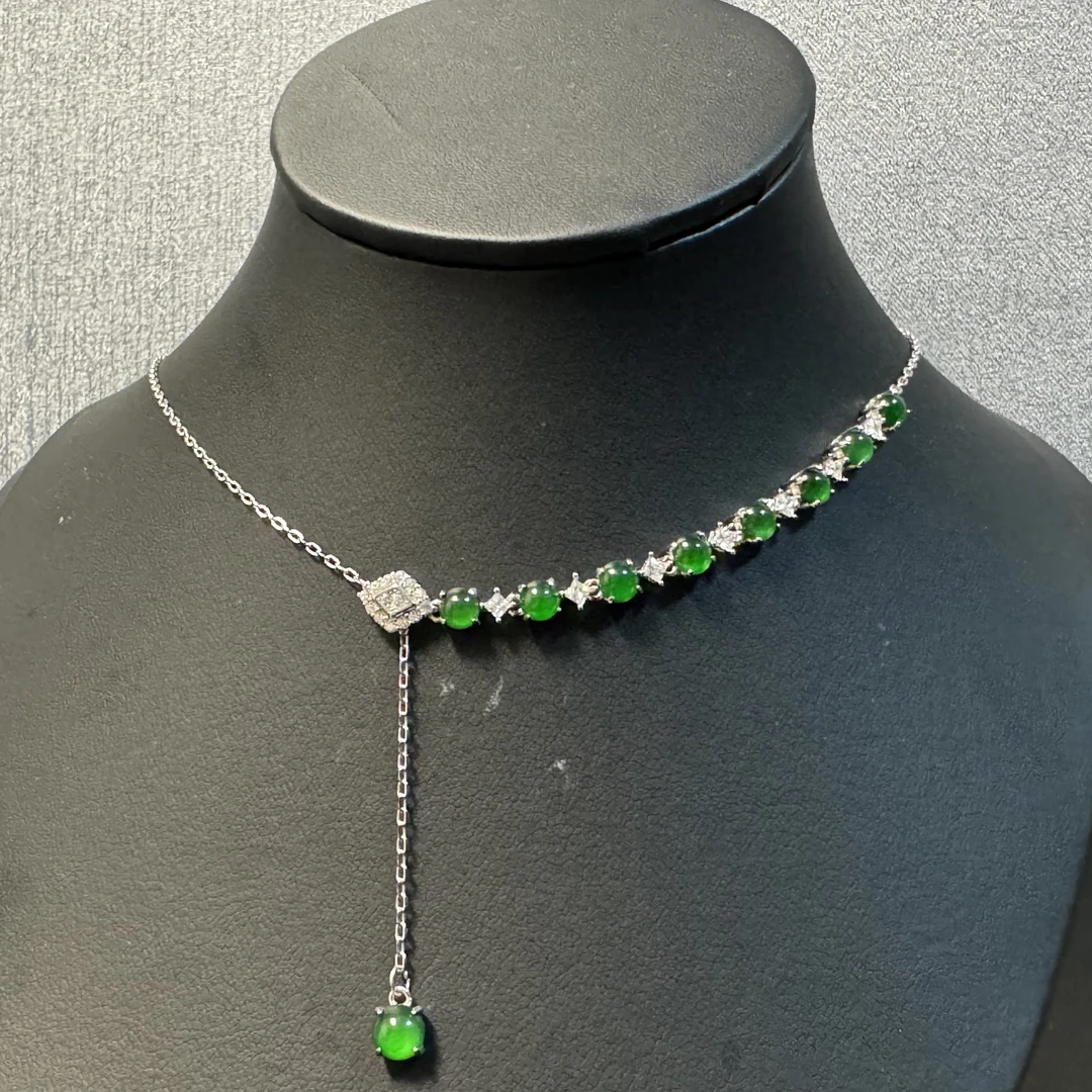 天然a货翡翠高冰浓阳绿蛋面Y字项链灵蛇颈链气质轻奢坠链精致022