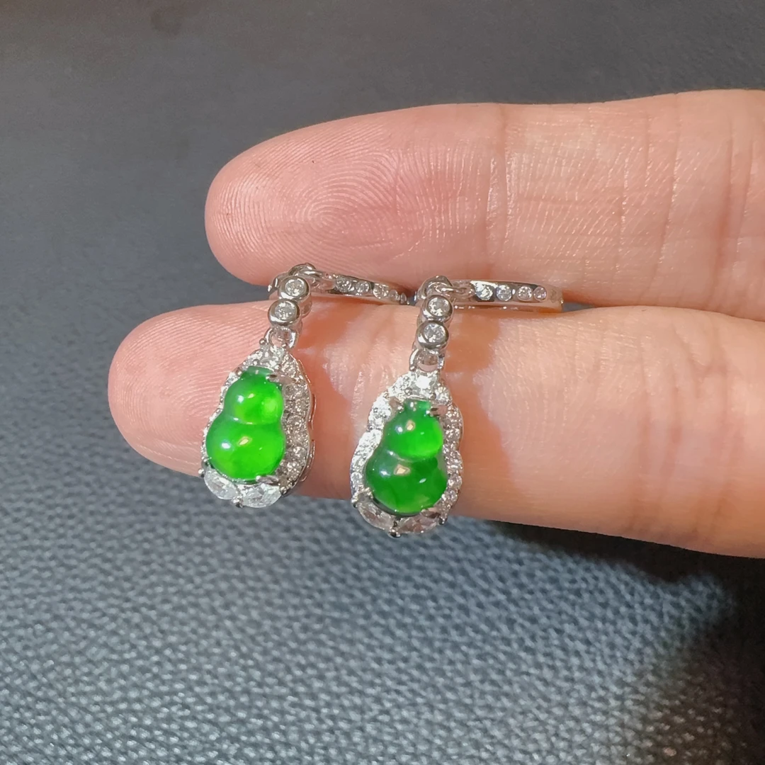 天然A货翡翠葫芦耳坠幂幂同款阳绿色气质耳扣葫芦满钻099