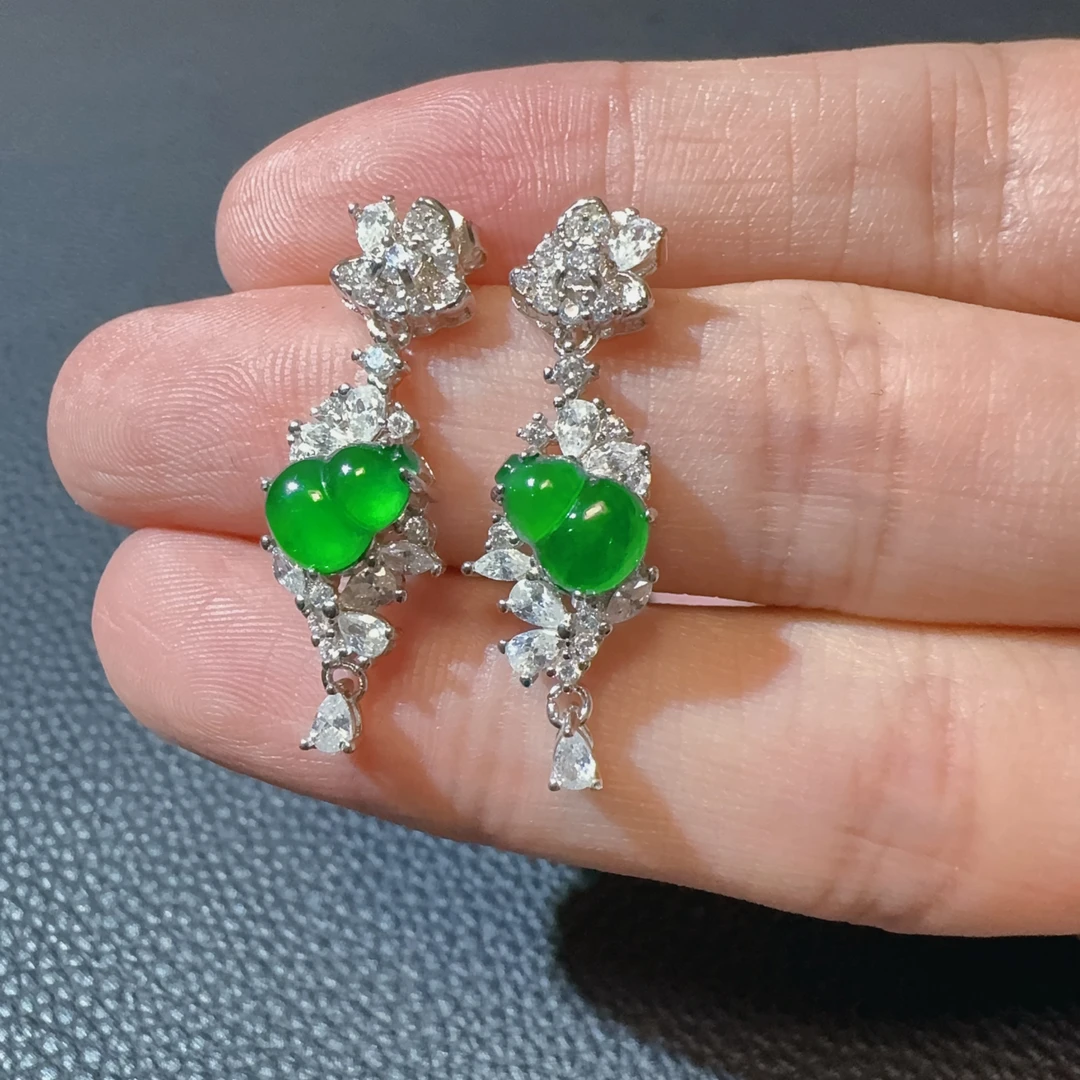 天然a货翡翠高冰阳绿葫芦耳坠豪华冰绿绿耳环女款s925银018