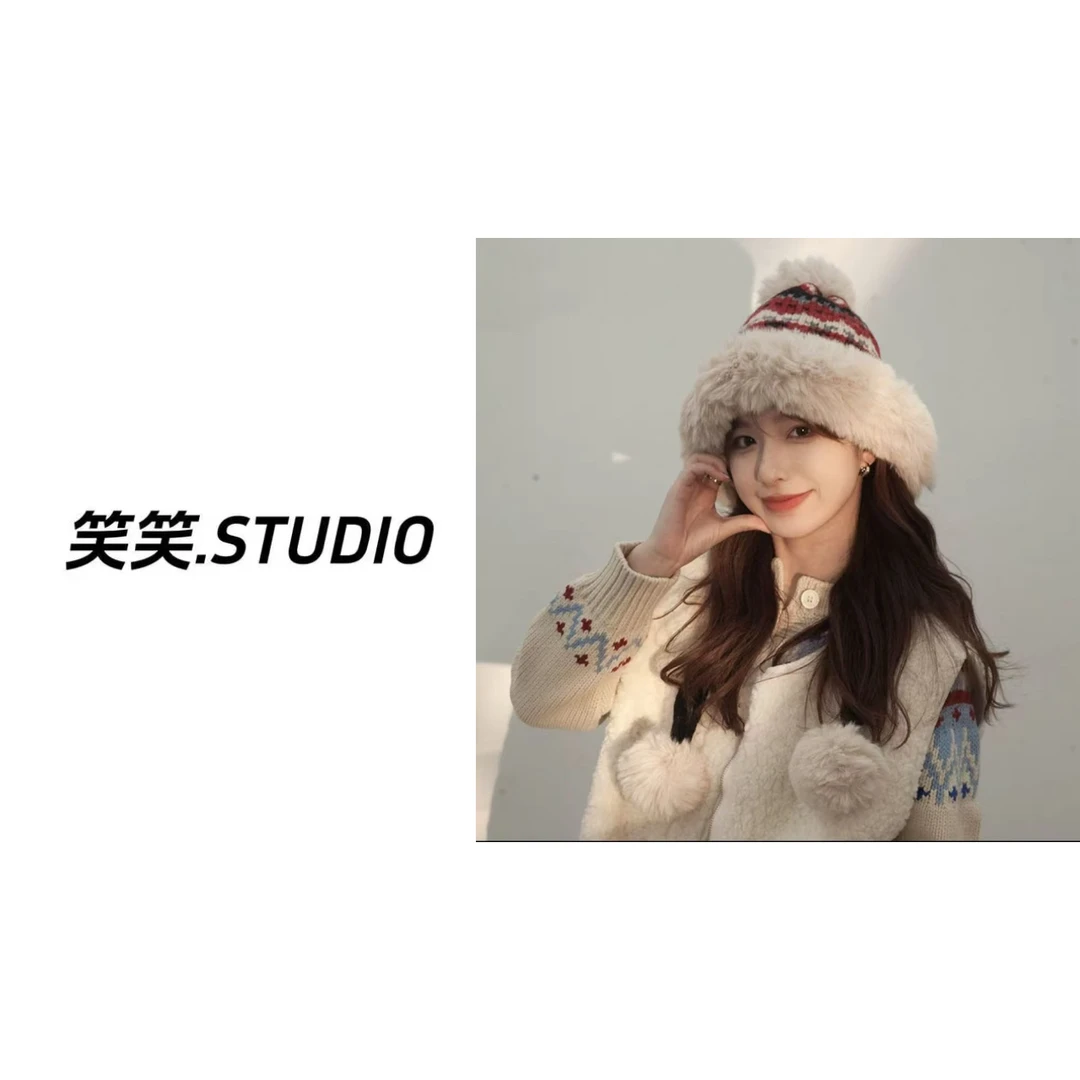 笑笑-【民族风毛球帽】加绒加厚雪地帽保暖毛绒护耳帽