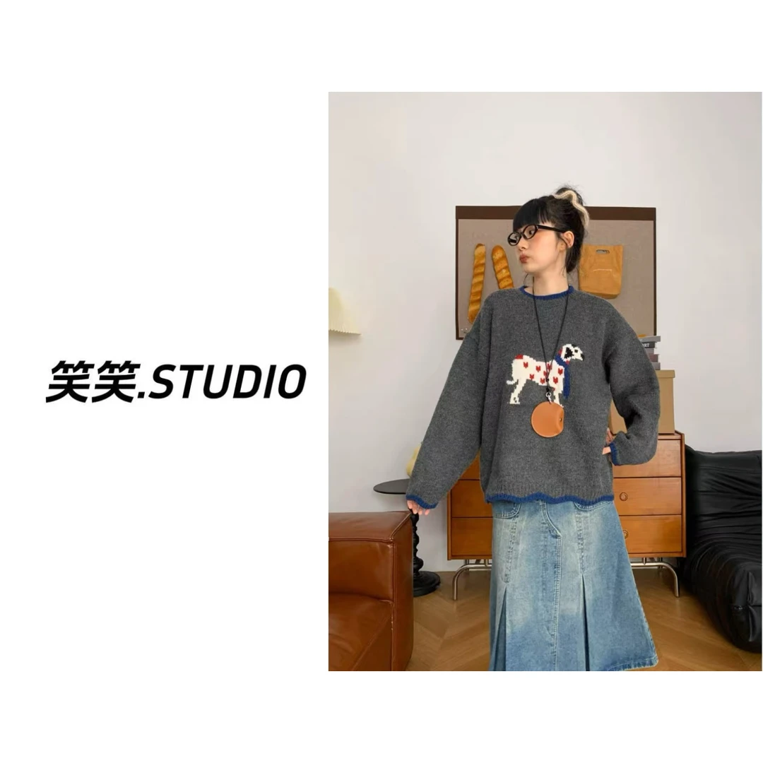 笑笑-【腊肠狗毛衣】韩国单！H*one复古圆领撞色毛衣百搭宽松套头