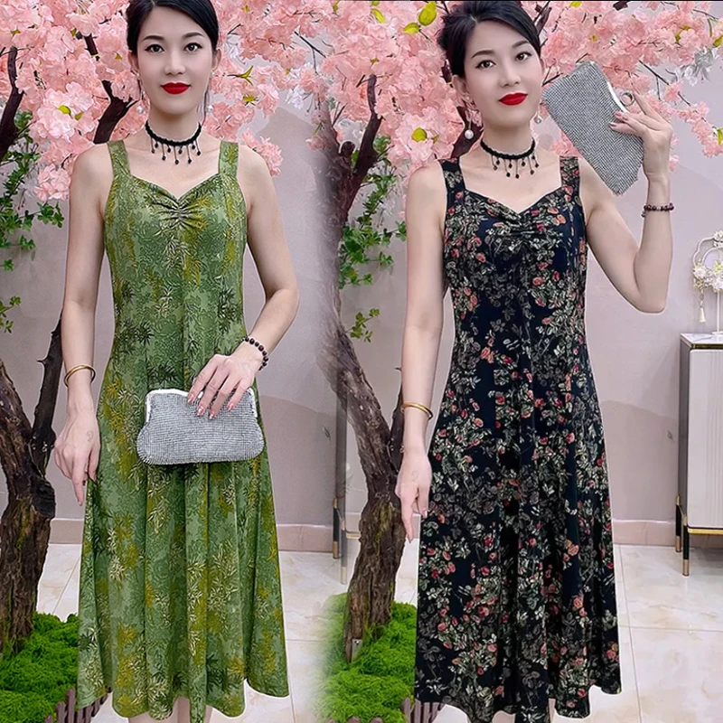 夏天吊带背心裙女中长款气质大码中老年碎花妈妈裙子无袖连衣裙薄