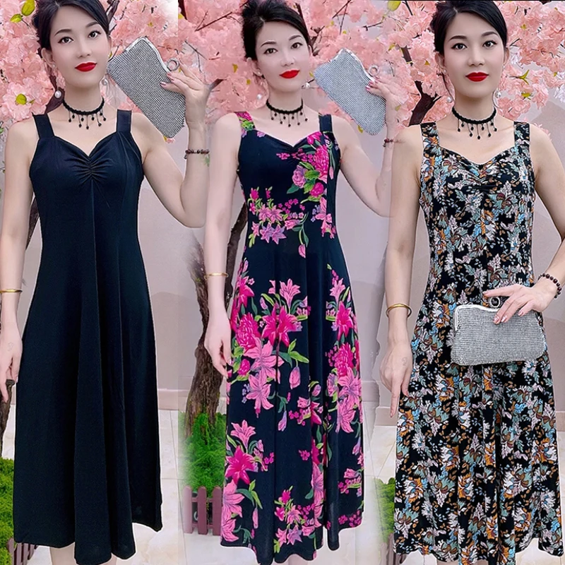 夏季无袖连衣裙女超薄中长款碎花妈妈气质中老年吊带背心裙沙滩裙