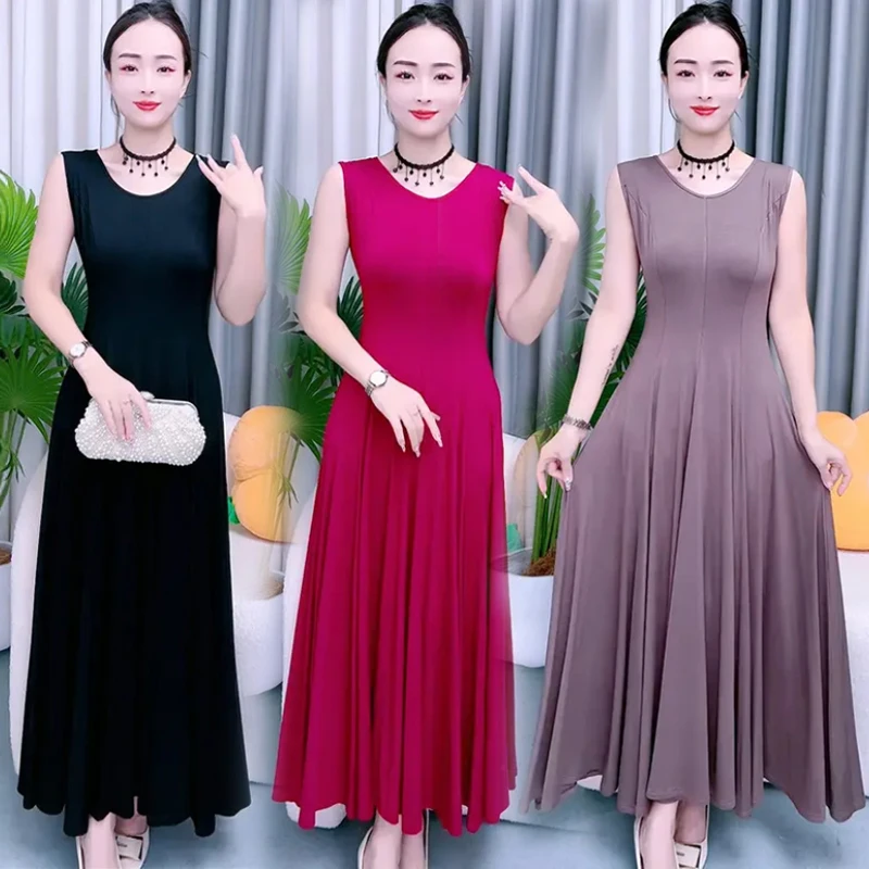 夏季无袖连衣裙过膝长裙大码收腰显瘦气质中老年大摆裙吊带背心裙