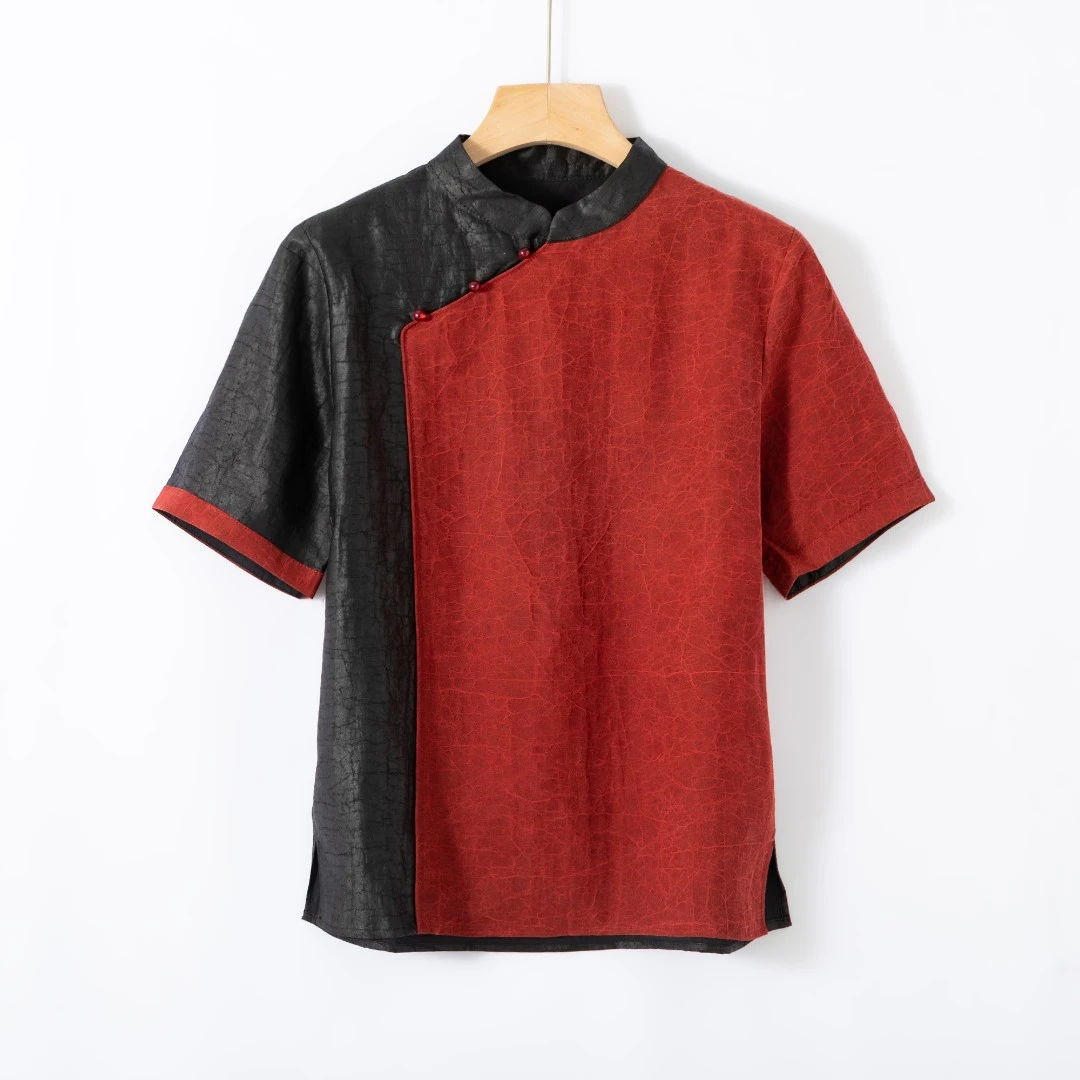 香云纱复古彩龟新中式国风拼接ins百搭立领中国风上衣8656