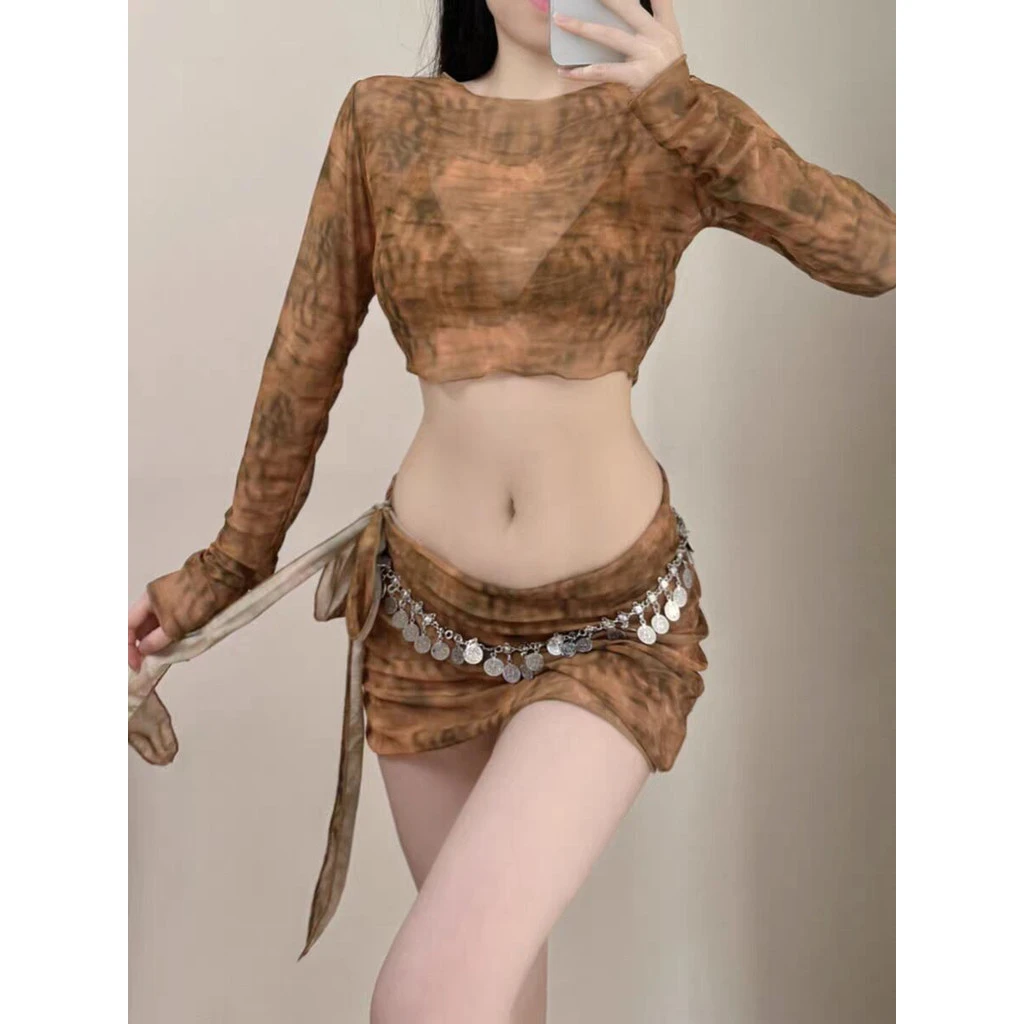 复古新款分体裙式比基尼四件套泳衣夏季罩衫遮肚显瘦温泉度假泳衣