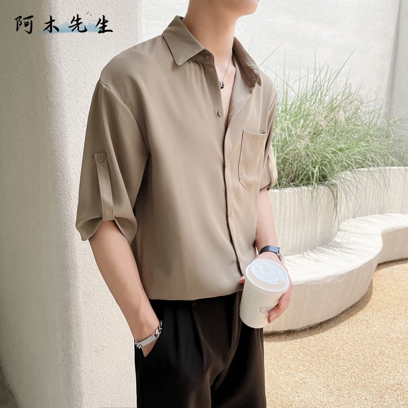 夏季新款男士宽松休闲纯色冰感垂感衣痞帅小众轻熟中袖衬衫衬