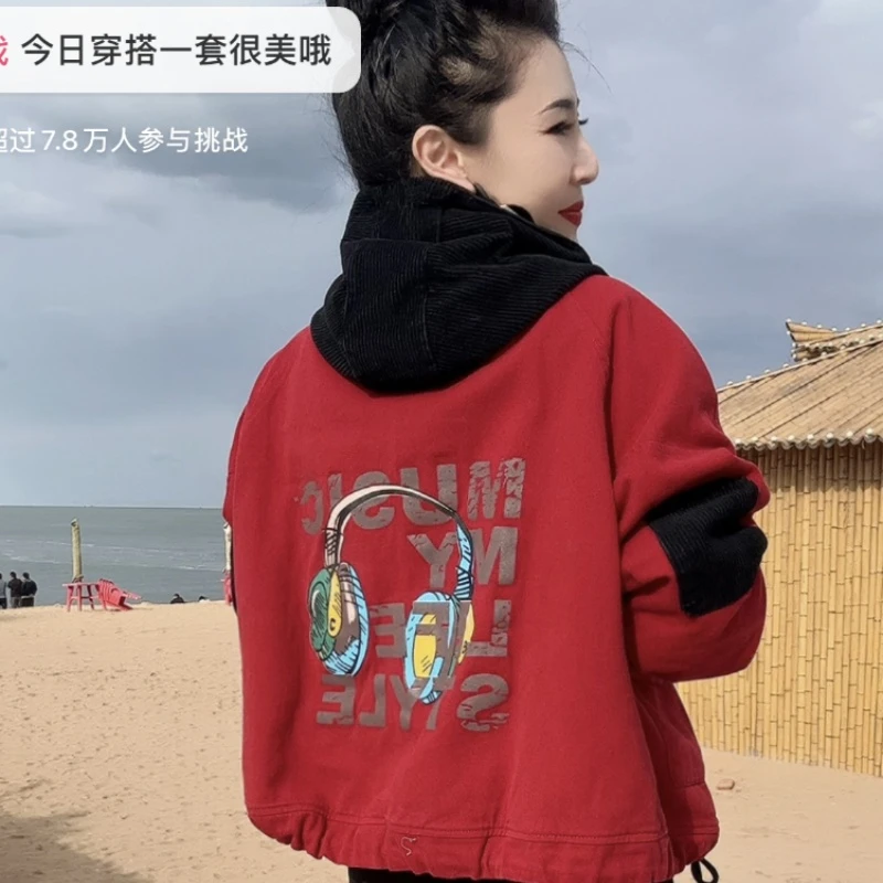 【3205】早春牛仔抗风休闲拼接连帽韩范麦克风网红出游服装女