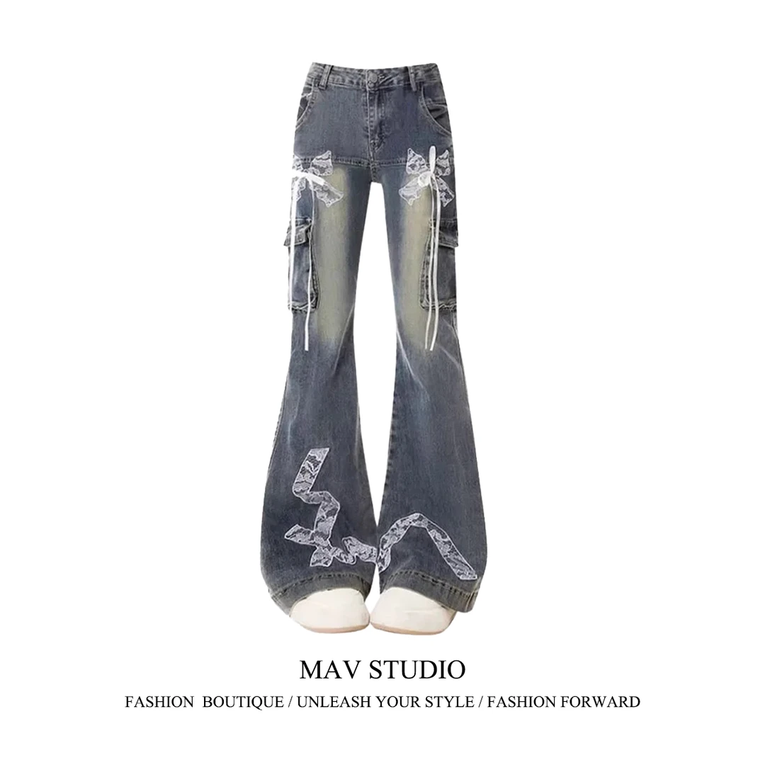 美式复古蝴蝶结微喇拼接新款牛仔裤女春秋款高腰设计感显瘦喇叭裤