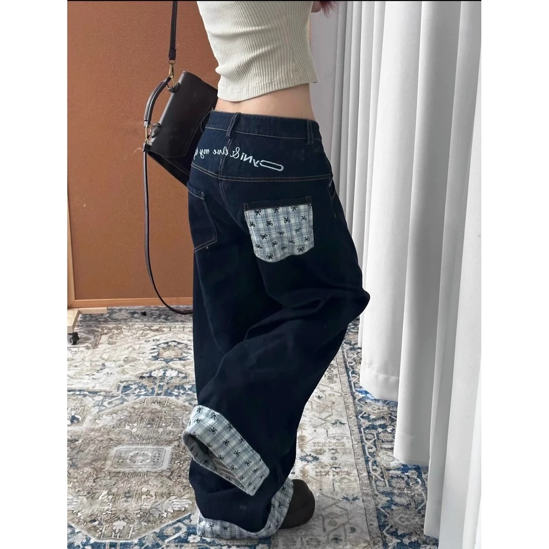 美式复古格子拼接直筒牛仔裤女秋冬新款牛仔裤女款爆款2025新款