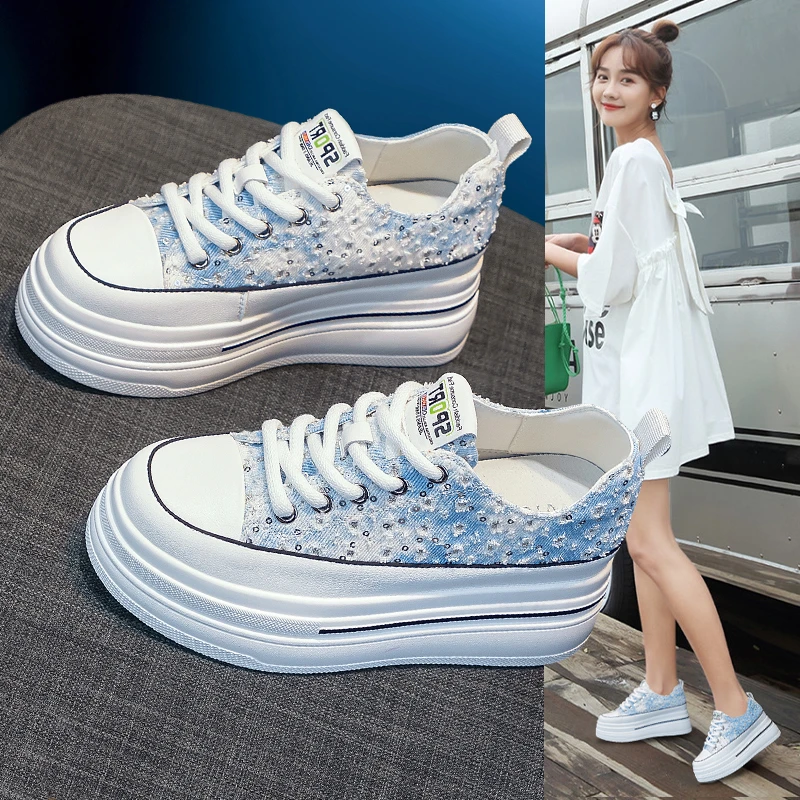 增高8cm厚底帆布鞋女2023新款春百搭配裙子小白鞋内增高休闲女鞋