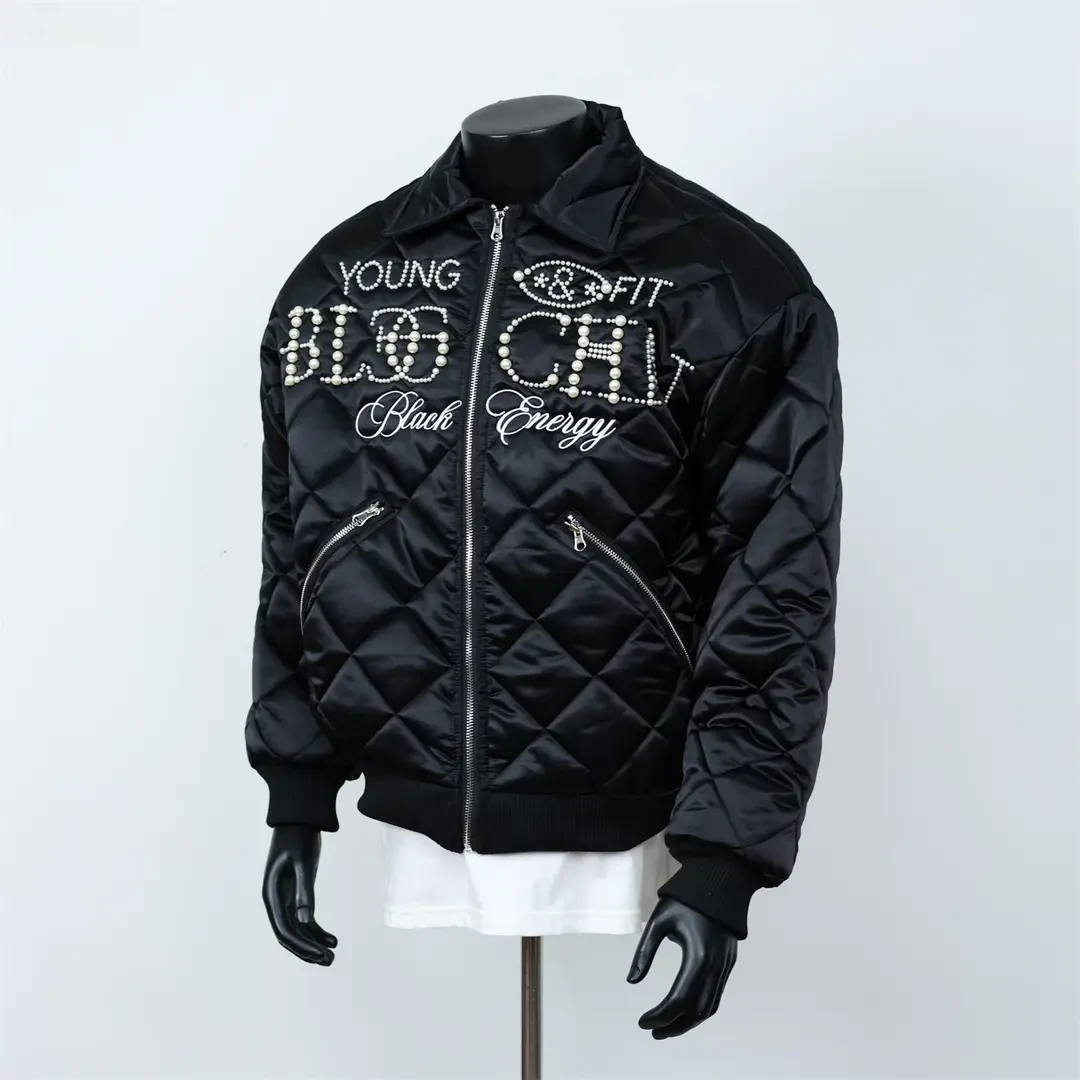 设计感美式刺绣珍珠菱格黑色棉服男女冬季休闲加厚棉衣情侣装棉袄