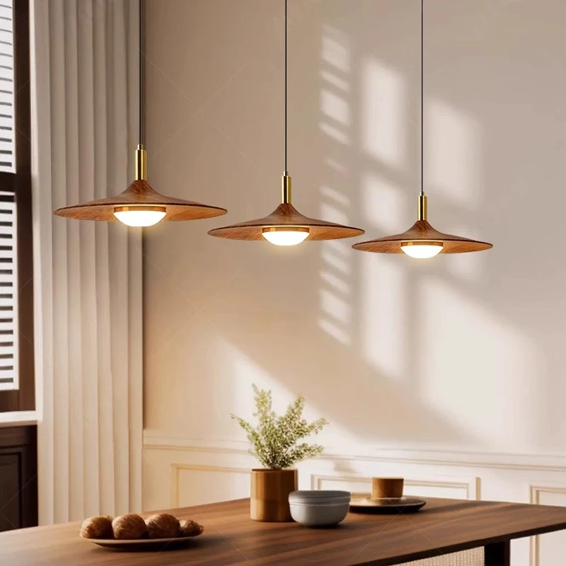 中古风餐厅吊灯日式复古胡桃木色吧台飞碟灯设计师侘寂风茶室灯具