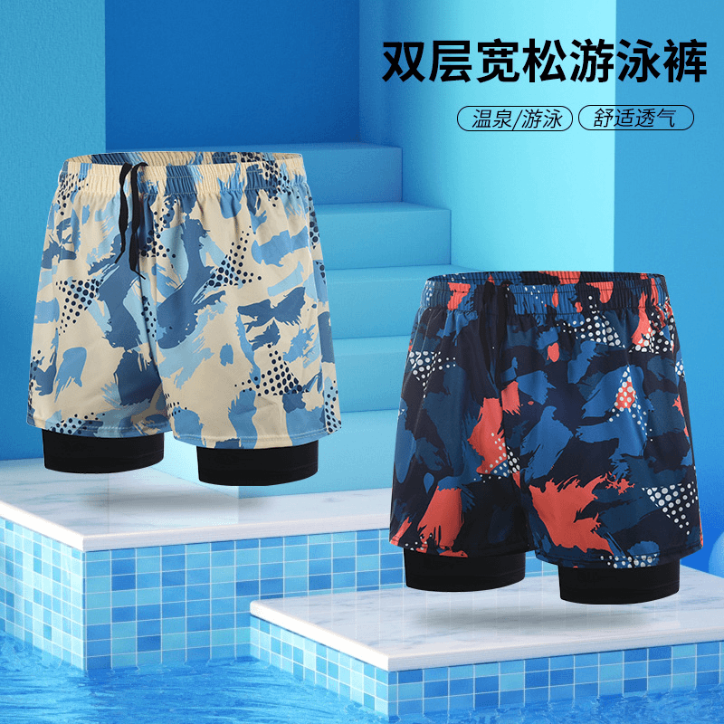 2024爆款游泳裤男新款双层防尴尬大码宽松印花成人泳裤速干