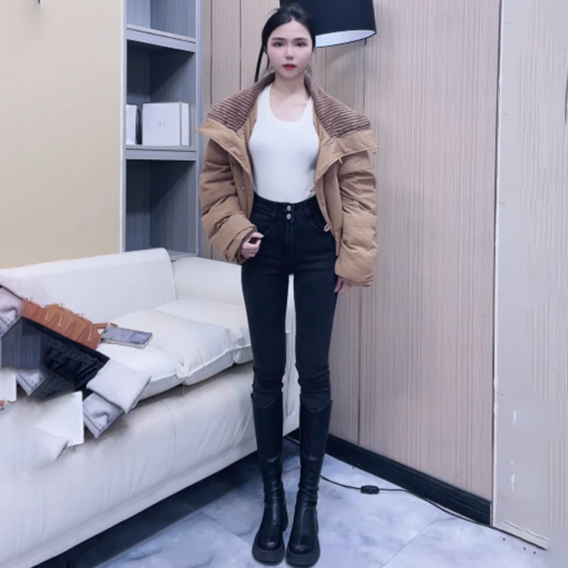 烟灰色高腰牛仔裤女2024年秋季新款显瘦紧身修身铅笔加绒小脚裤子