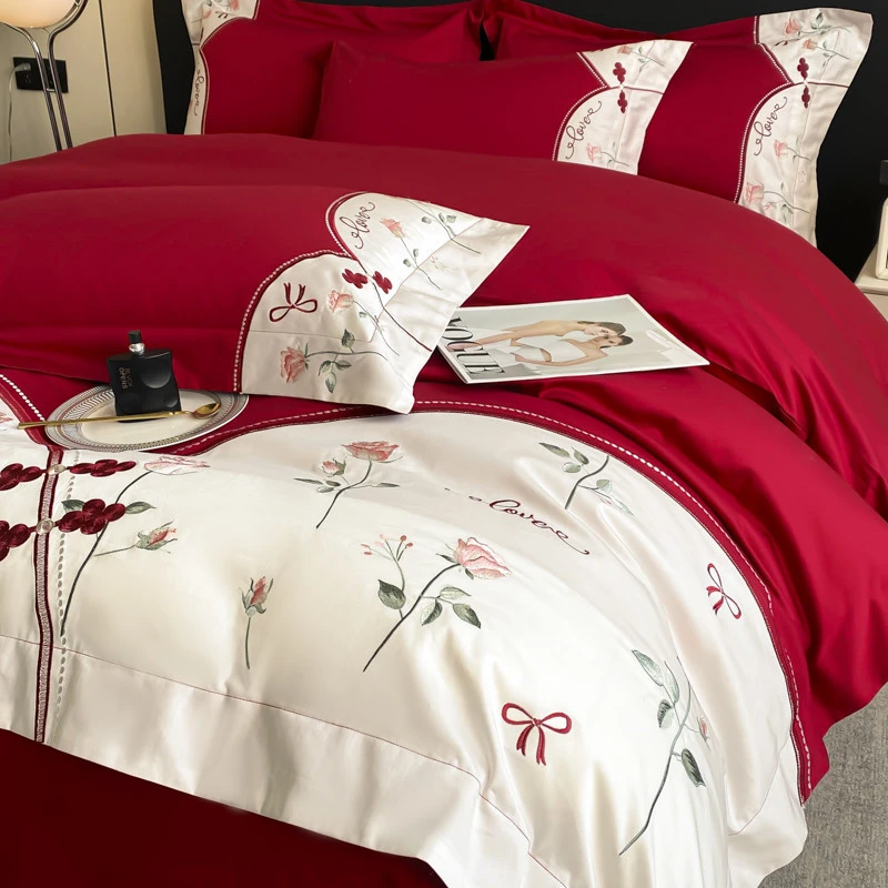 水星高端家纺长绒棉结婚四件套红色床单被套纯棉新婚婚庆床上用品