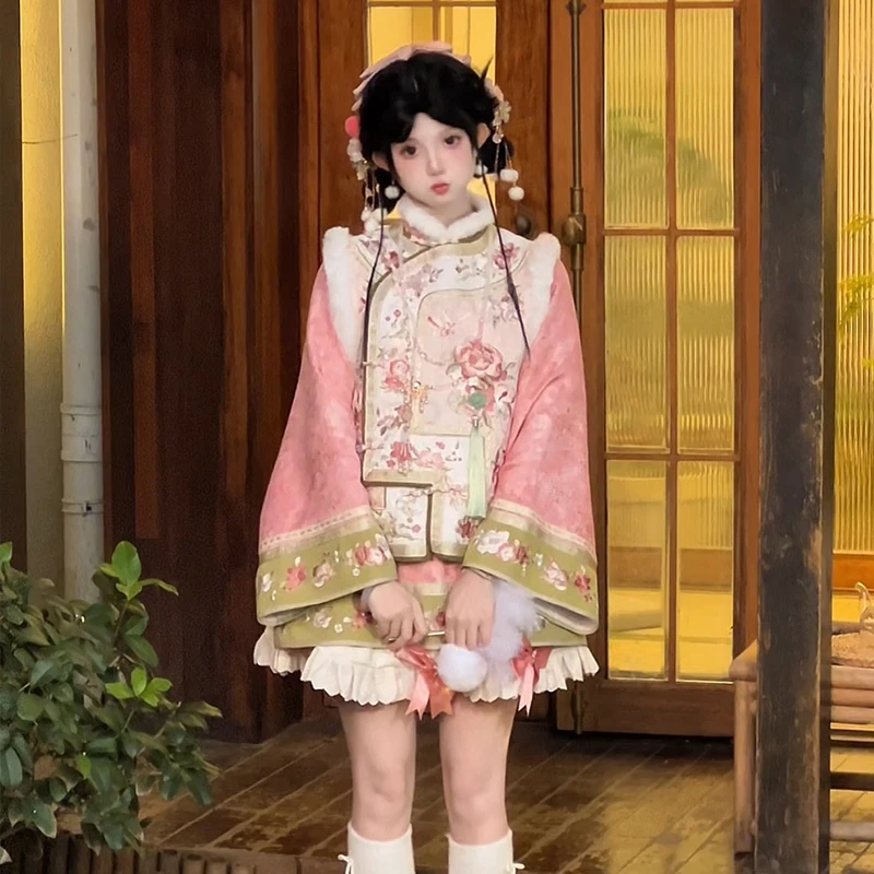 余丸丸【桃花坞】冬季清汉长袖改良汉服马甲中国风拜年服汉元素短裙