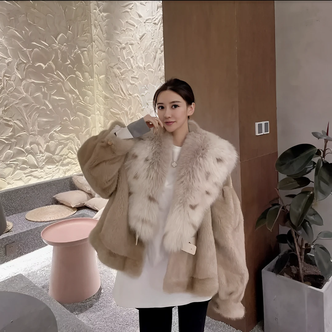 2024新款进口水貂皮草外套女貂皮大衣整貂短款狐狸毛领百搭冬季