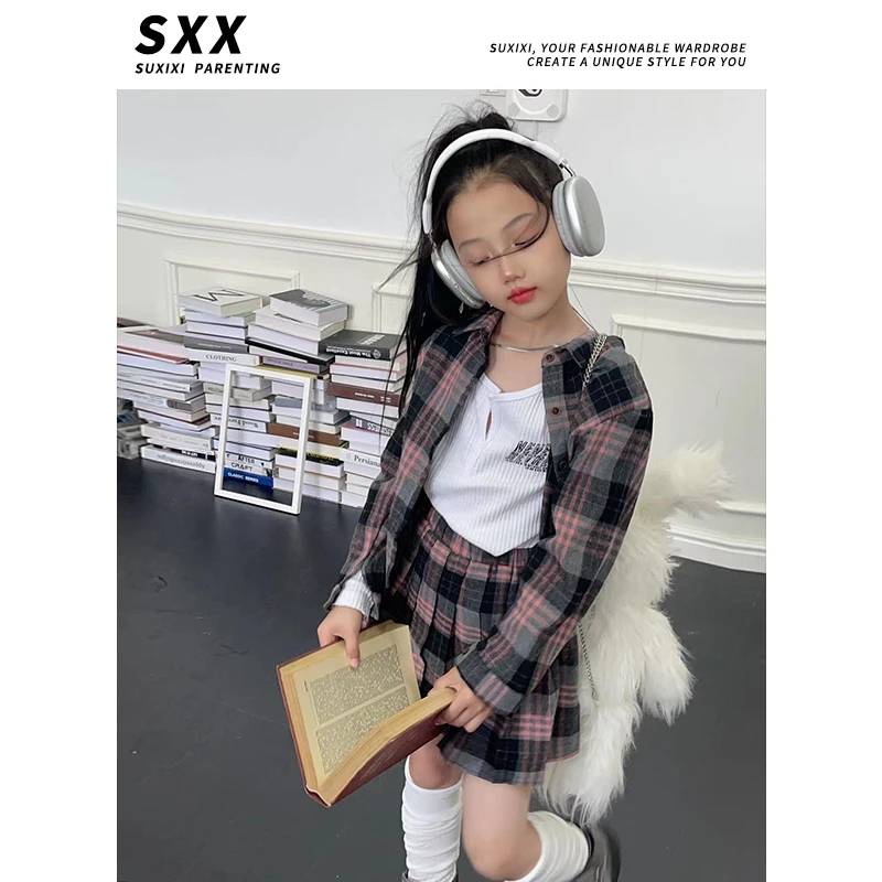 【现货·】韩系女童学院风套装2023秋网红JK格子衬衫百褶裙两件套
