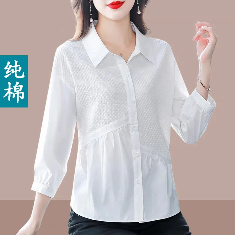 纯棉白色衬衫女士七分袖夏装新款洋气妈妈装宽松显瘦上衣半袖衬衣