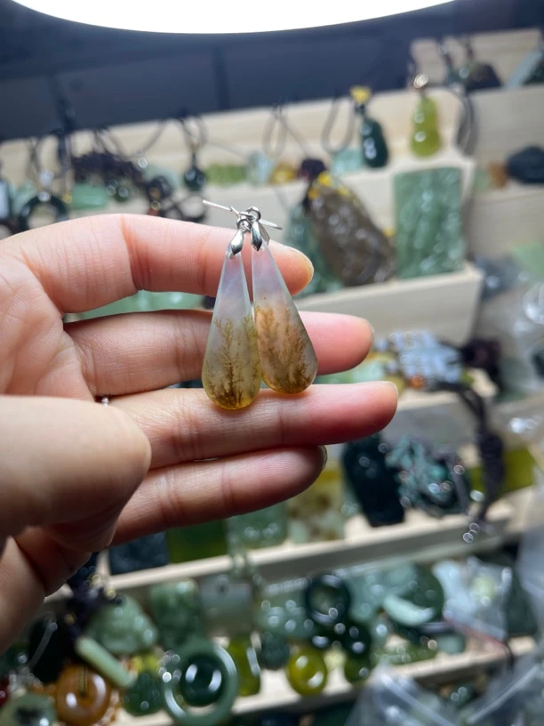 天然玉石意境水草耳环(孤品收藏级别