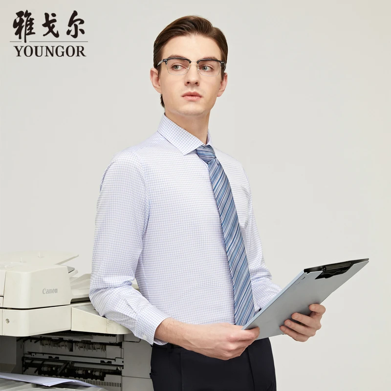 【全棉+免烫】雅戈尔2025秋季新款男士商务长袖衬衫格子衬衣124884