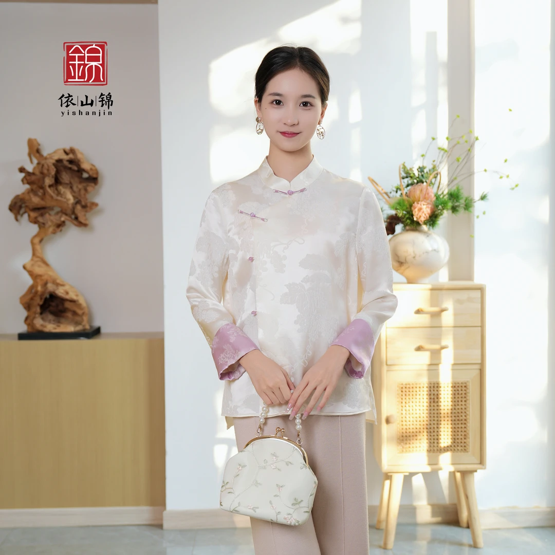 【紫衣】100桑蚕丝冠乐皱国风衬衫新中式提花上衣·依山锦23S0011