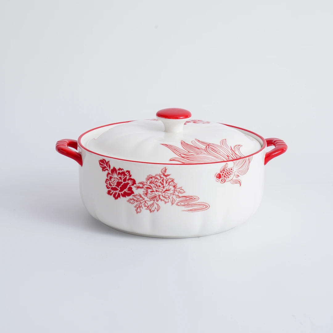 【一切美好】《鱼跃花间》  1000ml品锅 高温釉中