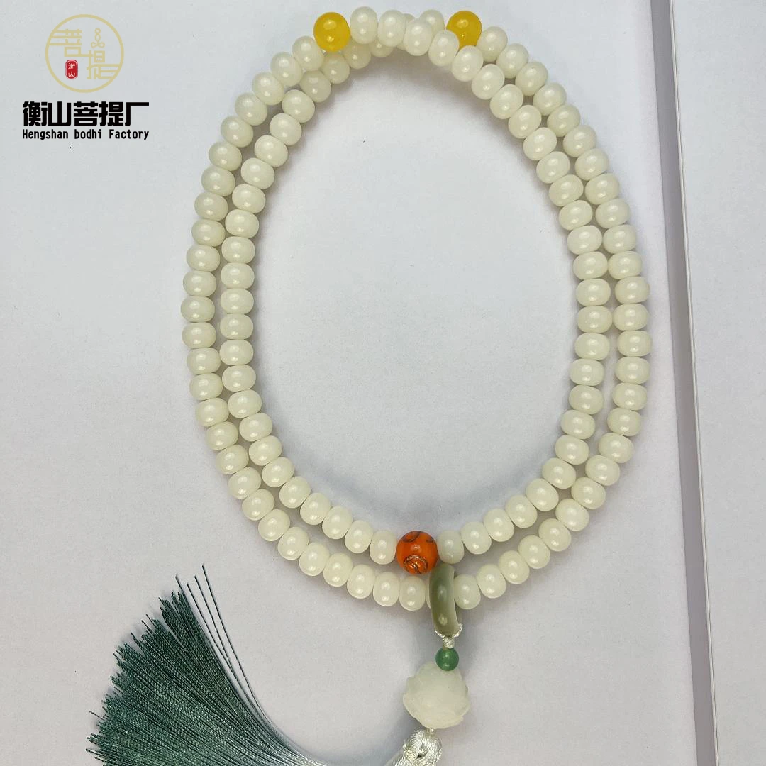 7X9保真天然白玉菩提根108脖挂手串白玉菩提莲花流苏菩提手串手持