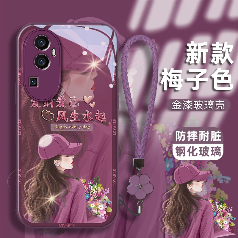 适用opporeno10手机壳爱己女孩金漆钢化玻璃壳镜头耐脏保护套