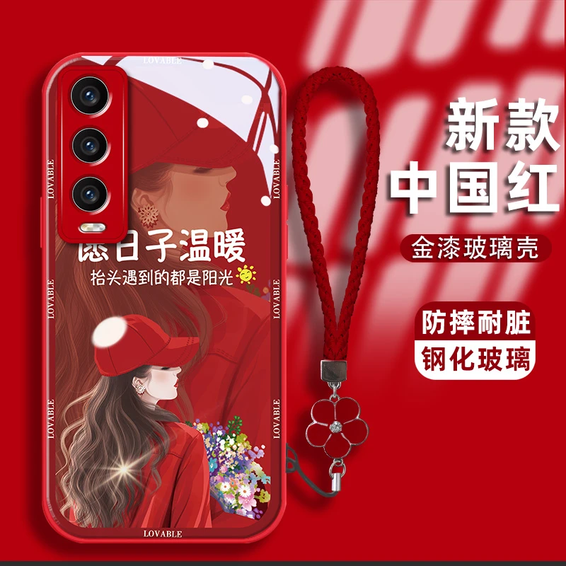 适用vivoy30手机壳卷发女孩金漆钢化玻璃壳镜头全包耐脏保护套