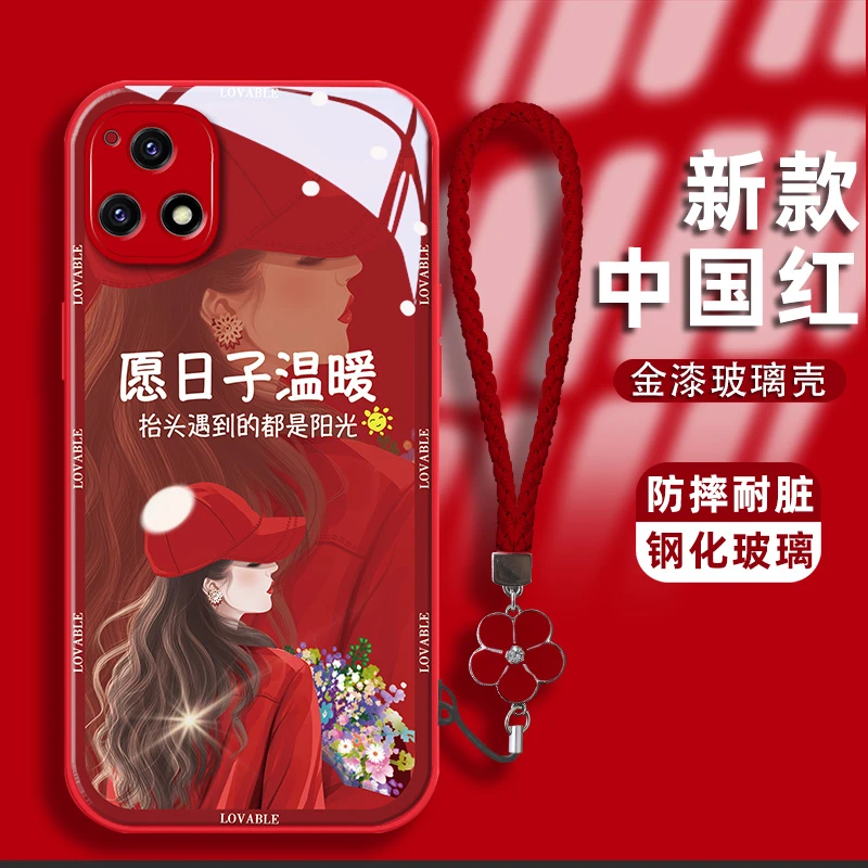 适用vivoy52s手机壳卷发女孩金漆钢化玻璃壳镜头全包耐脏保护套