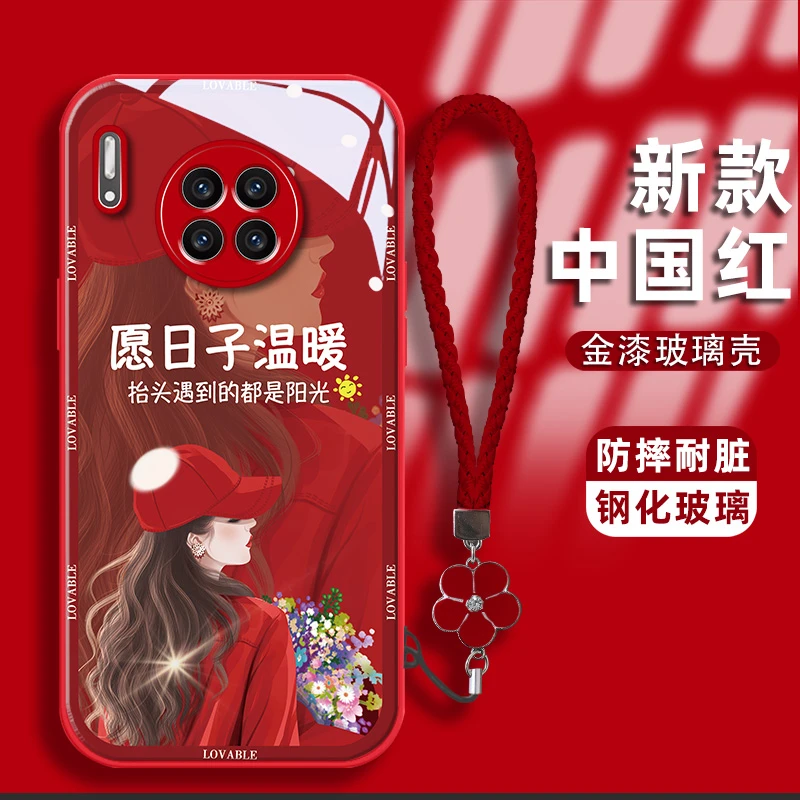 适用华为mate30手机壳卷发女孩金漆钢化玻璃壳镜头全包防摔保护套
