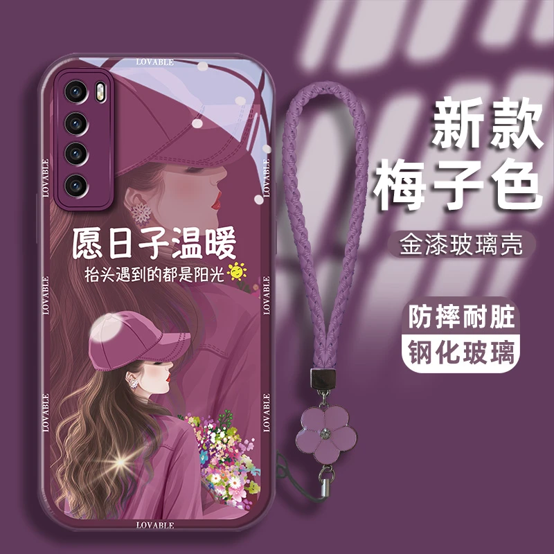 适用华为nova7/pro手机壳卷发女孩金漆钢化玻璃壳镜头全包保护套