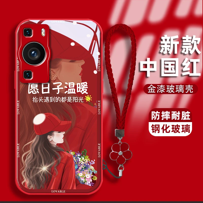 适用华为p60pro手机壳卷发女孩金漆钢化玻璃壳镜头全包防摔保护套