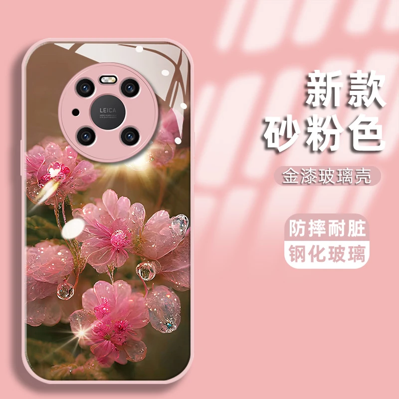 适用华为mate40手机壳水晶花金漆钢化玻璃壳镜头全包防摔保护套
