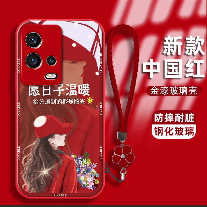 适用vivoiqoo8手机壳卷发女孩金漆钢化玻璃壳镜头全包耐脏保护套
