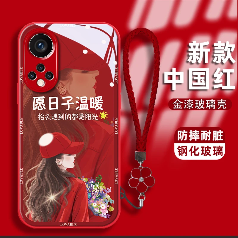 适用荣耀50手机壳卷发女孩金漆钢化玻璃壳镜头全包防摔耐脏保护套