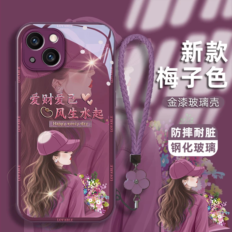 适用苹果14max/14plus手机壳爱己女孩金漆钢化玻璃壳耐脏保护套