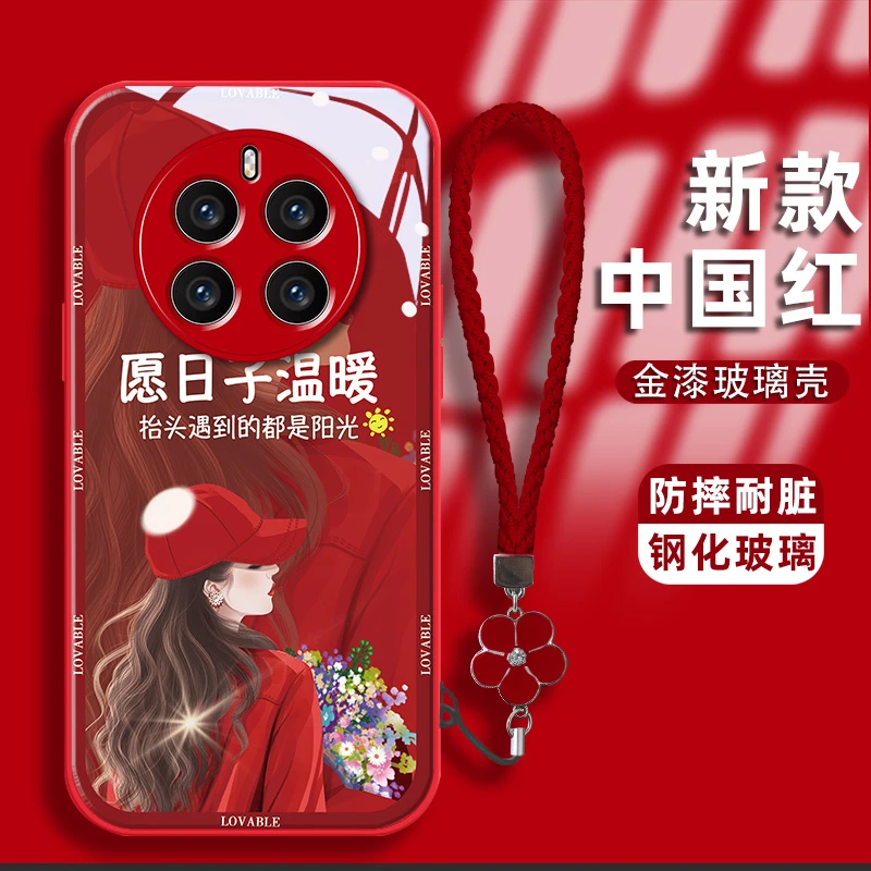 适用华为mate50pro手机壳卷发女孩金漆钢化玻璃壳镜头全包防摔耐