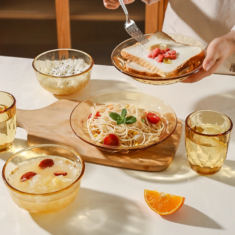 希乐扣玻璃餐具 两盘+两碗+两杯 高硼硅玻璃微波炉专用钻石碗盘杯