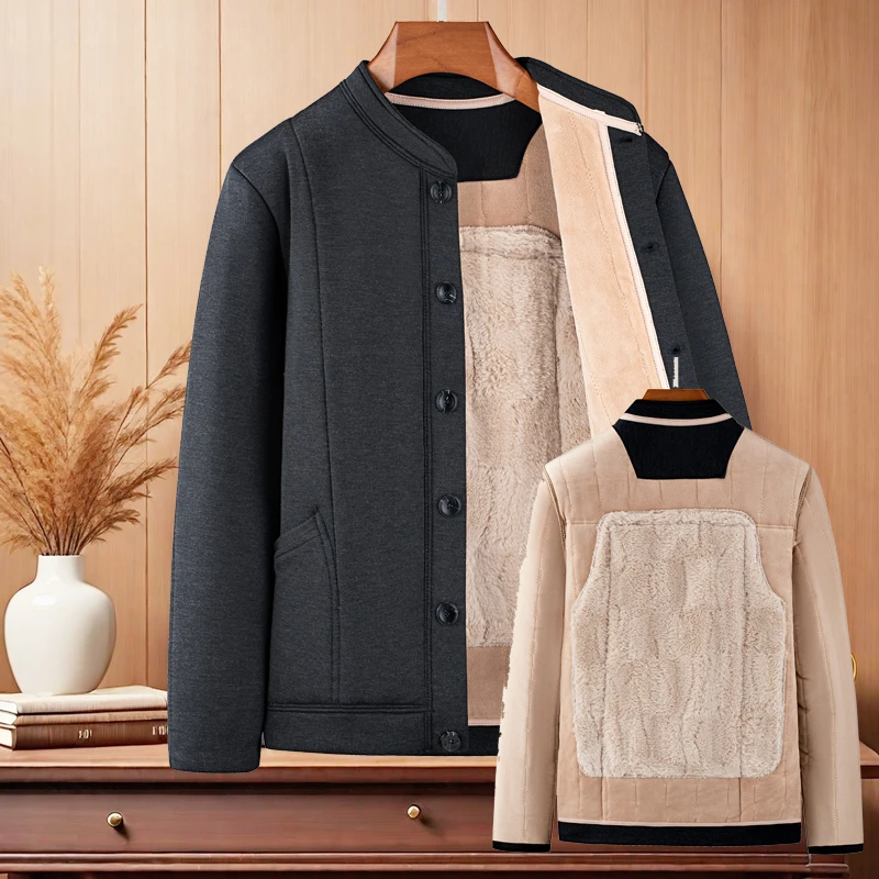 冬季加绒加厚保暖棉服上衣外套中老年爸爸装小棉衣立领套装棉裤