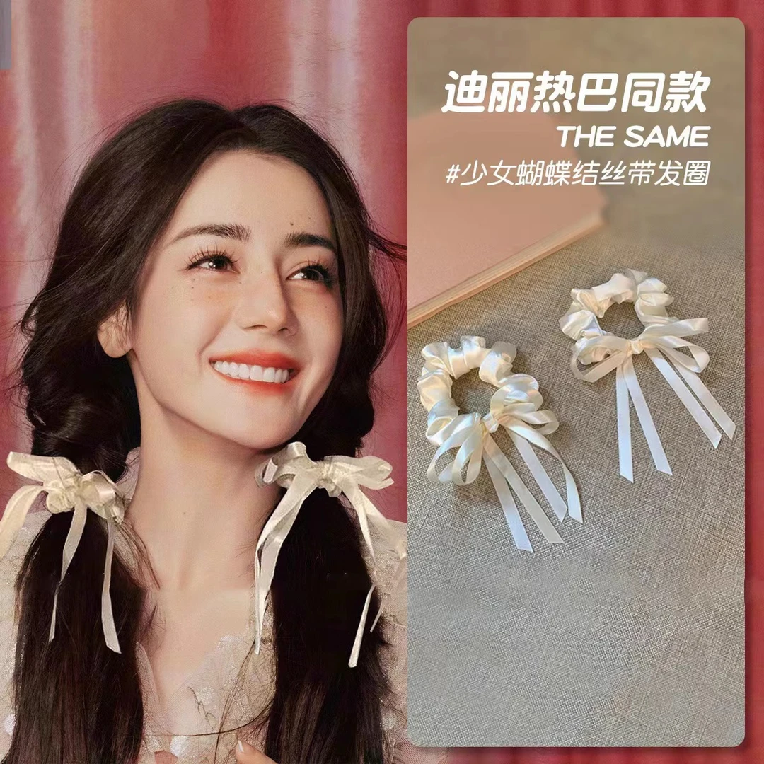 仙女缎面飘带丝光奶油蝴蝶结法式复古风大肠发圈唯美仙气头饰品