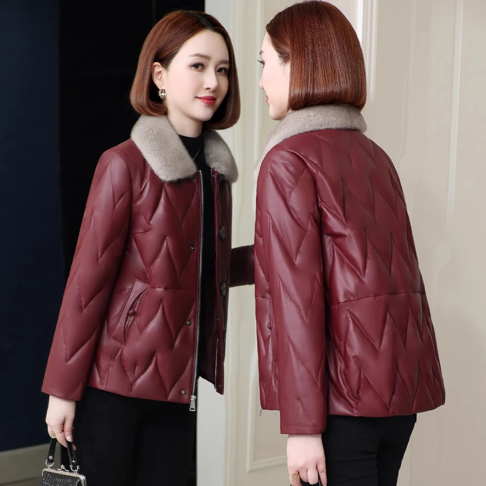 女士真皮羽绒服2025冬新款海宁皮草水貂毛领绵羊皮妈妈中长款外套