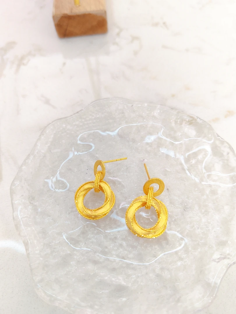 足金999双环花丝耳钉