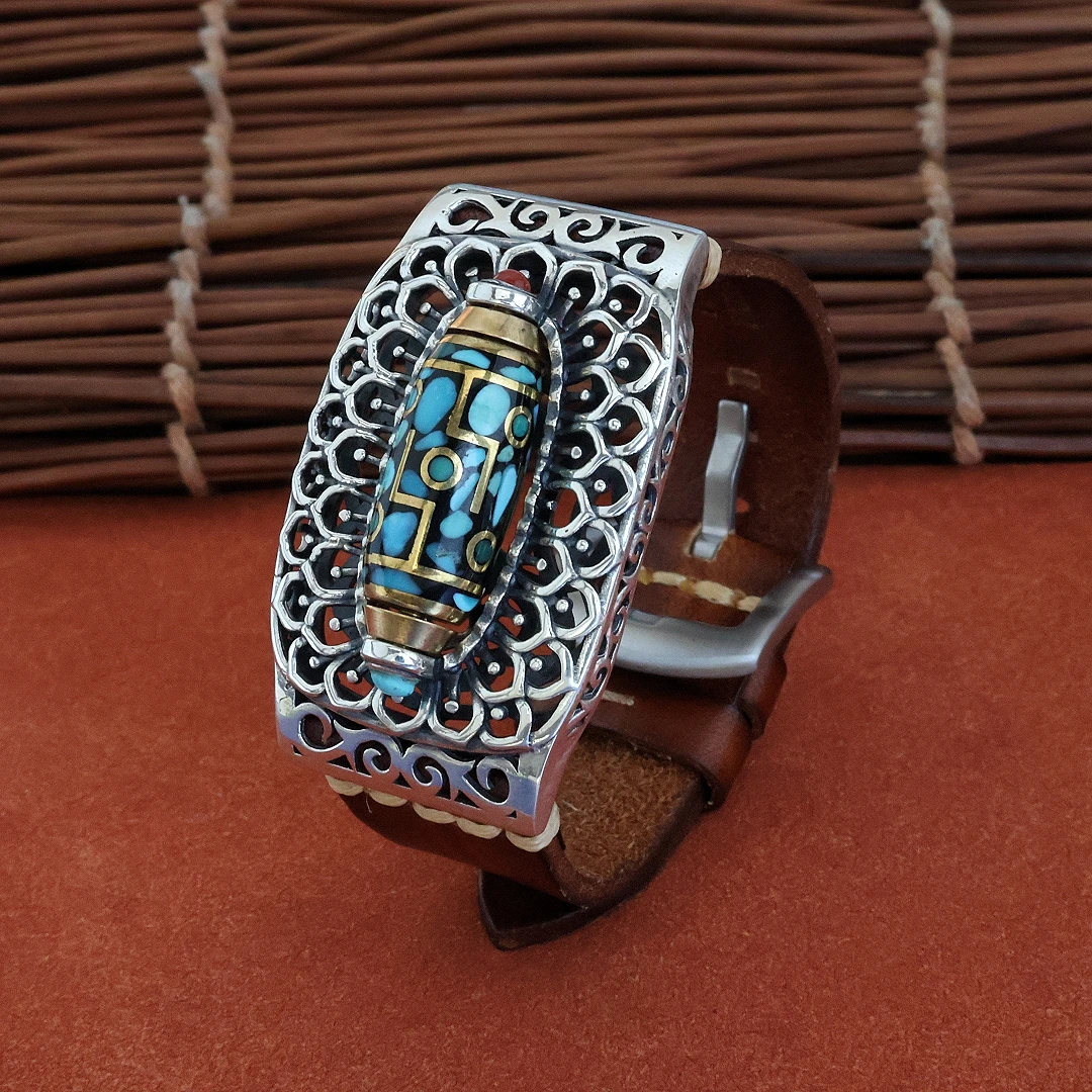 925银皮质手镯 个性手工纯银原创镶嵌转动九眼情侣手镯