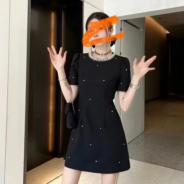 【钉珠】法式甜美圆领连衣裙夏季胖mm显瘦遮肉修身收腰减龄长裙