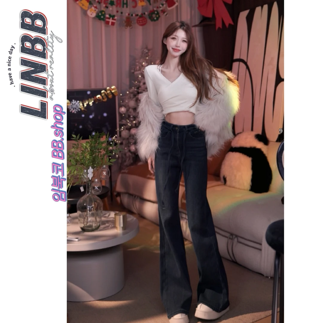 林北鼻-【漫画牛仔裤】韩代高腰加绒厚！显瘦微喇阔腿牛仔裤